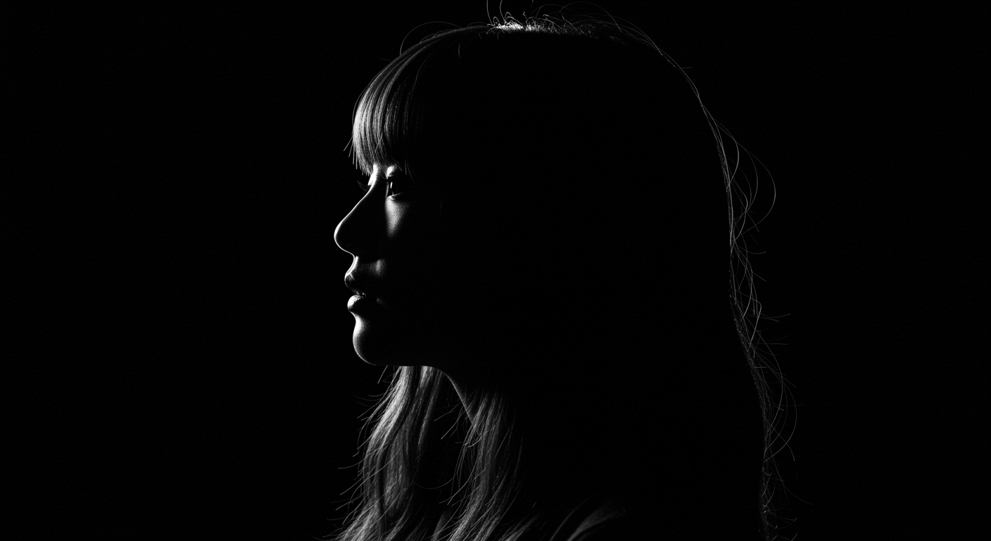 Black and white photo of a women performing modern dance on a dark background.